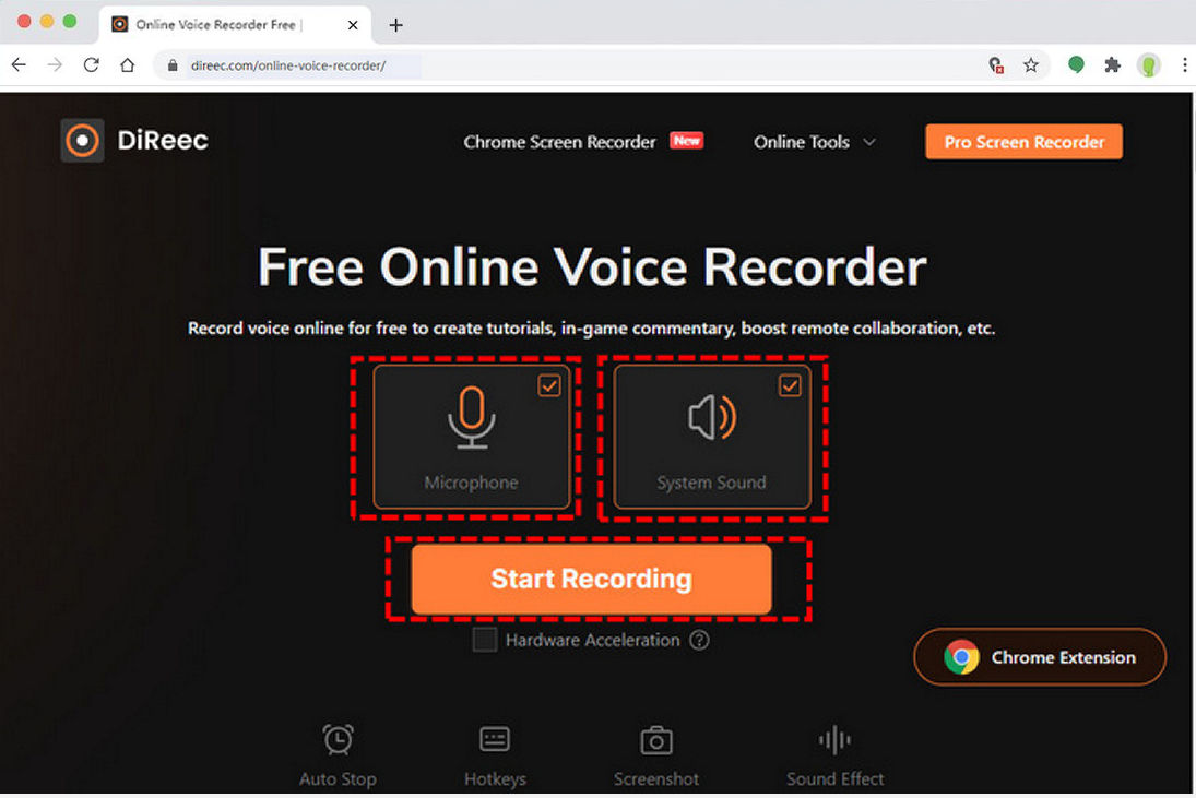 Abra la grabadora de voz en línea Direec