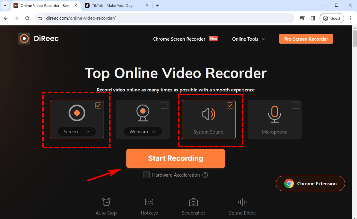 DiReec 온라인 비디오 녹화기에 접속하세요