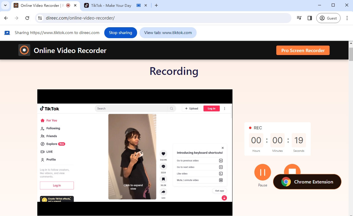 DiReec Online Recorder에서 TikTok 녹음 시작