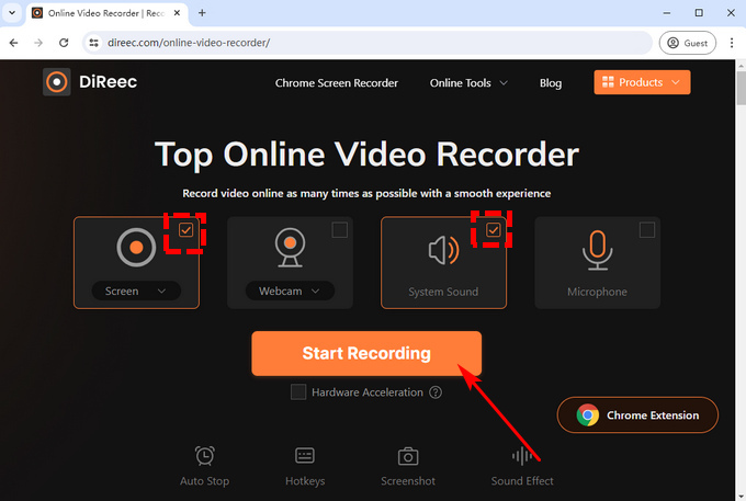 Greifen Sie auf den Online-Bildschirmrekorder von DiReec zu
