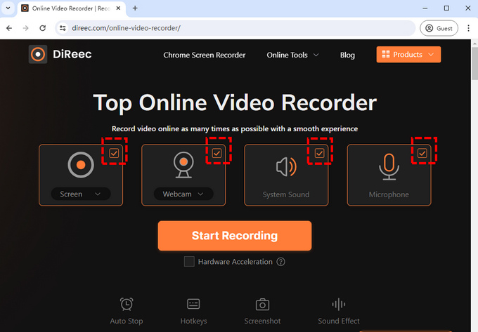 Uzyskaj dostęp do bezpłatnego rejestratora wideo online DiReec