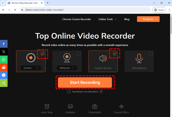 Open DiReec gratis online videorecorder