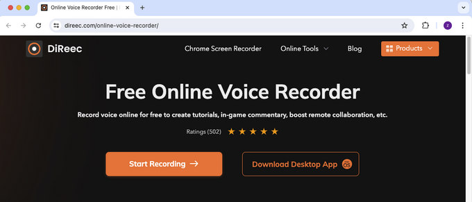 Öffnen Sie den DiReec Online Voice Recorder