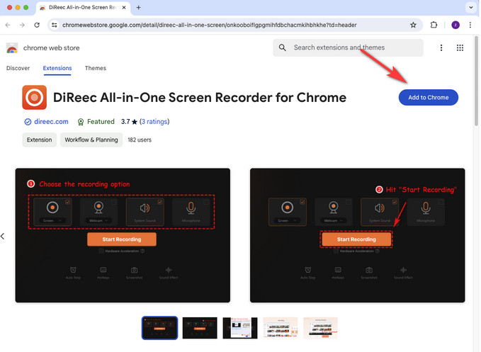 Install DiReec Screen Recorder extension on Chrome